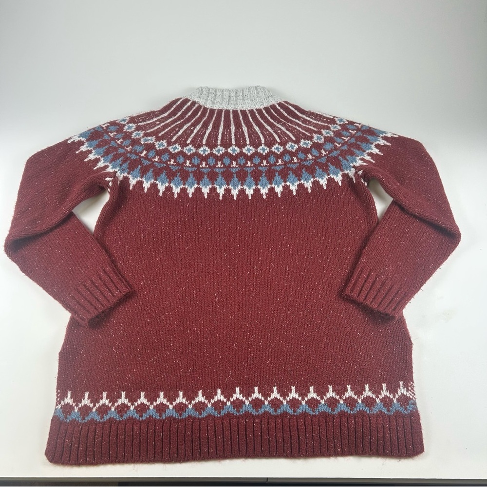 LL Bean WMNS SZ M Nordic Fair Isle Harbor Mock Neck Burgendy White Yoke Pattern - Picture 6 of 6